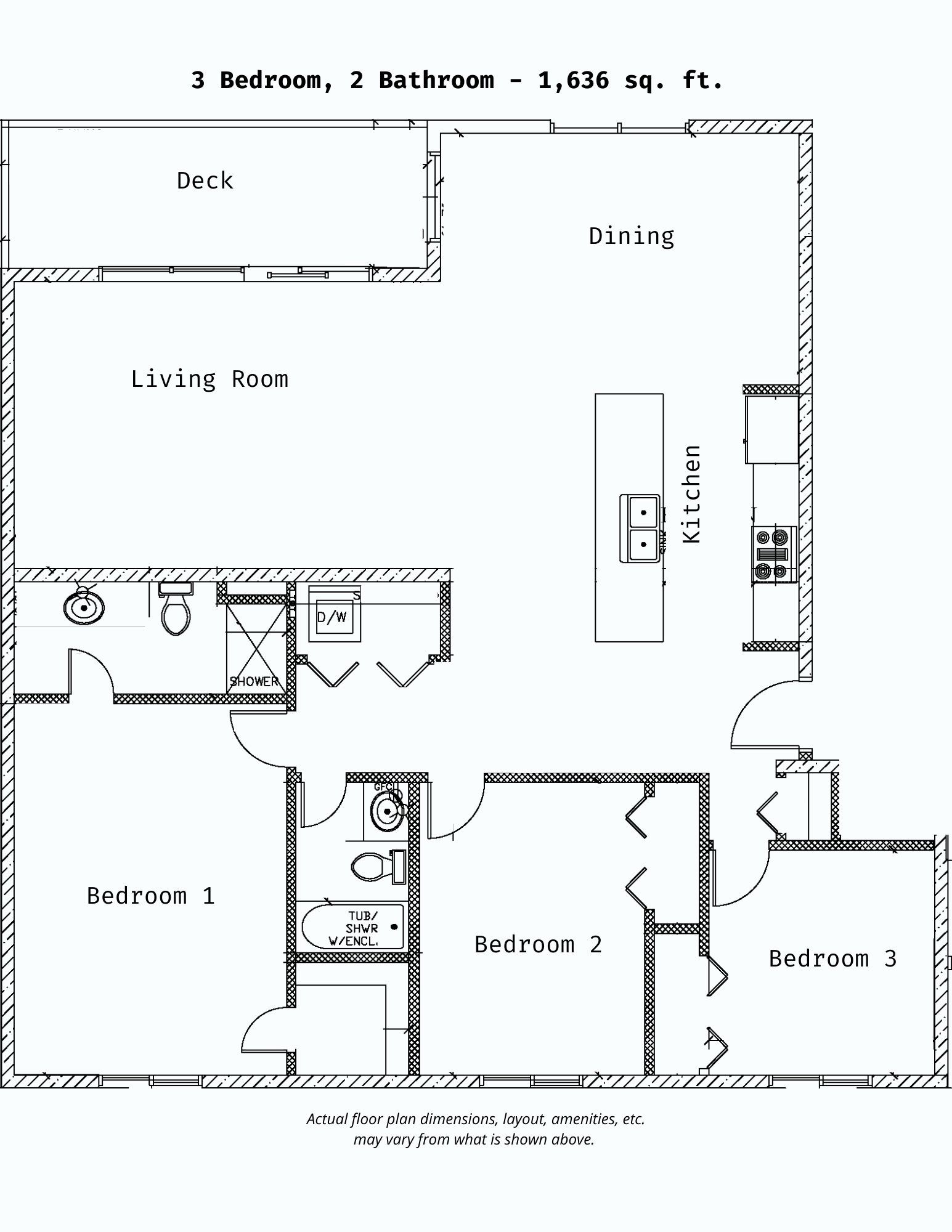 Floor plan for 3 beds, 2 baths, 1497 sqft